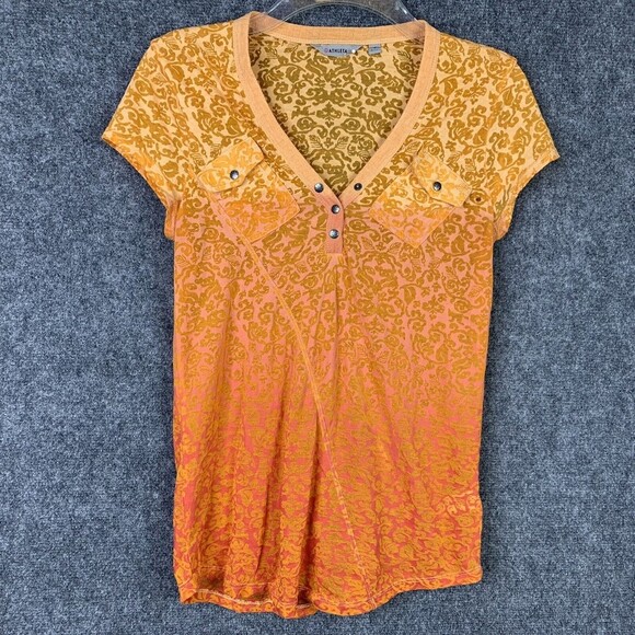 Athleta Stretch Top Women S Orange Umbre V-neck Metal Buttons - Picture 1 of 9